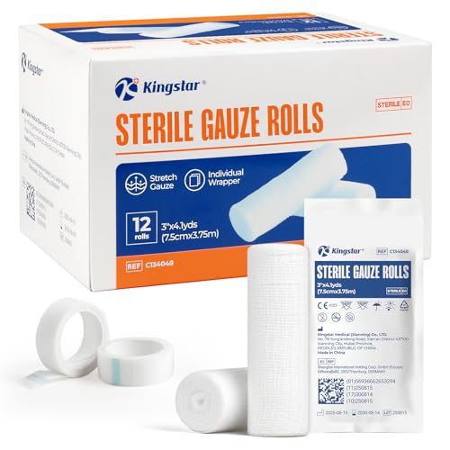 Image of Sterile Gauze Rolls, 3in x 4.1 Yards, Conforming Stretch Gauze Bandage, Pack of 12, Firm Support for Dressings and Splints, Latex-Free First Aid Supplies Individually Wrapped with Bonus Tape