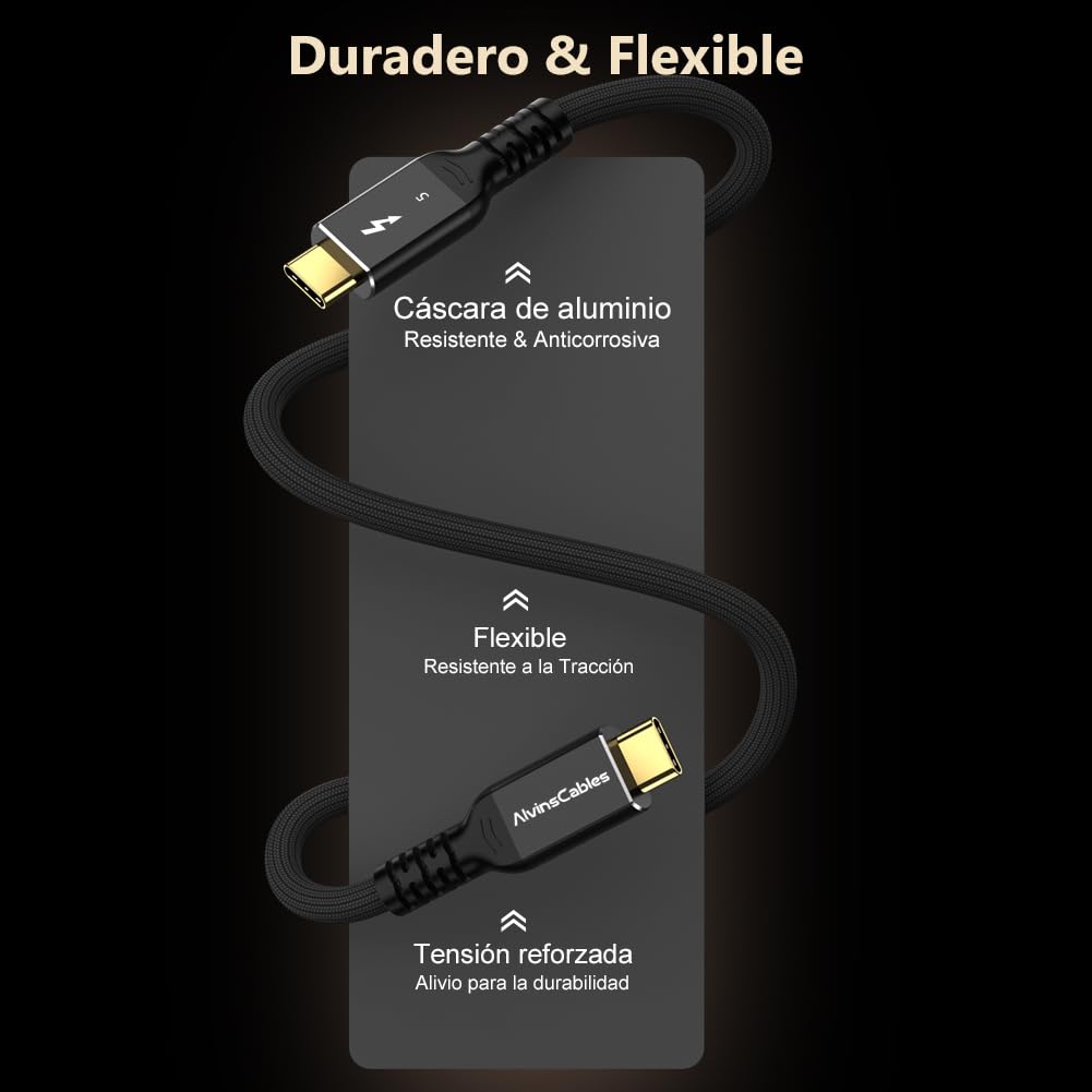 Alvin's Cables Cable Thunderbolt 5, 30.48 cm USB-C a USB-C Cable 120 Gbps 240W PD Carga rápida 16K Visualización, Compatible con Thunderbolt 4/3, USB4, para MacBook, Egpu, Dock, Certificado Intel