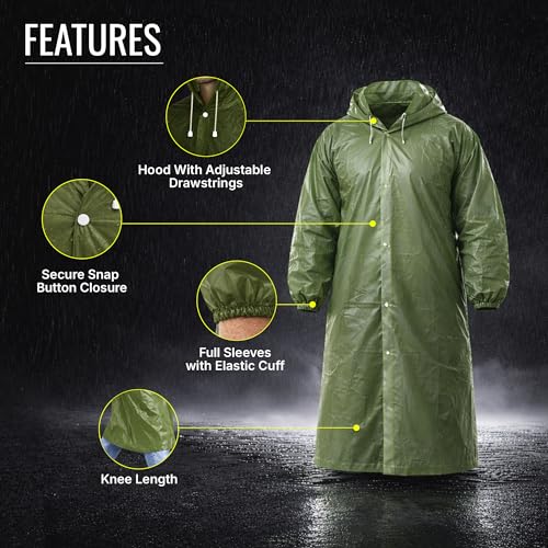 Image of Robustt EVA Reusable Raincoat with Hood (Dark Green) - Pack of 10 | Elasticated Full Sleeves Outdoor Waterproof Raincoat for Men & Women | Rainwear | Button Closure | Knee Length | Universal Fit