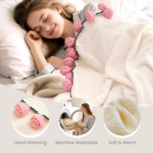 Image of Flower Bouquet Blanket, Birthday Gifts for Mom Teacher Women Grandkids Wife Girlfriend Her, Crochet Flower Blanket, Soft Knitted Throw Blankets for Teacher Appreciation Housewarming Gifts (Pink roses)