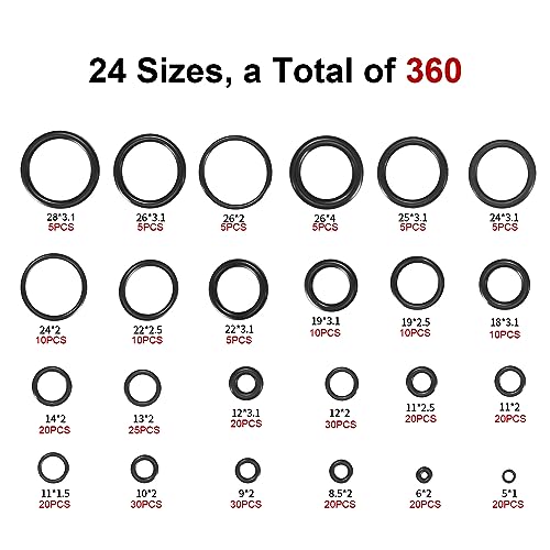 HXMJIED 360 Pcs Rubber O-Ring Washer Gaskets Set, 24 Sizes O-Ring Gasket Kit, Black Electrical Gasket Rings - Image 2
