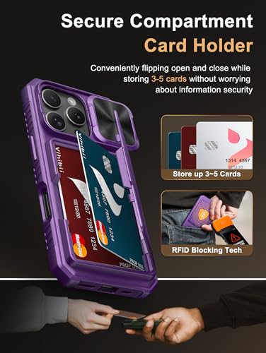 Image of Vihibii for iPhone 16 Pro Case Wallet with Card Holder (4 Cards) [RFID Blocking] & Slide Camera Cover, Military Grade Drop Protection, Hard Back & Silicone Edge Phone Cover, 6.3 inch 2024, Dark Purple