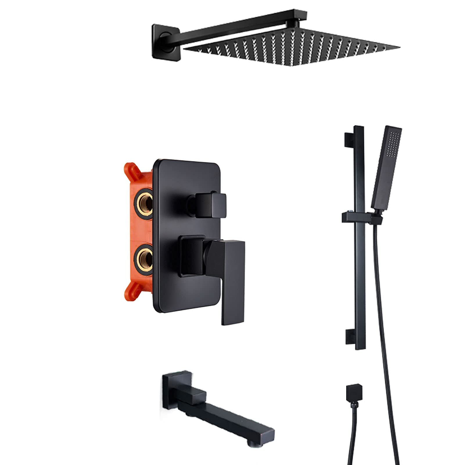 WXPGFEQ Shower System Matte Black, Wall Mounted Shower Faucet Set With Slide Bar, 10" Rain Shower Head With Handheld Shower And Tub Spout Set,