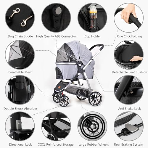 Kenyone Pet Stroller 3 in 1 Dog Stroller for Medium Small Size Dogs, Large Cat Stroller with Detachable Carrier for Puppies, Doggies, Kitties, Bunnies (C510 Gray)