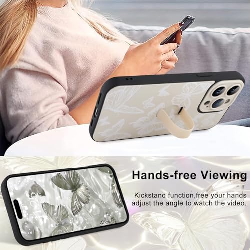 Image of for iPhone 15 Pro Max Case with Finger Strap Holder, Cute Cool Butterfly Print Pattern Design for Women Men, Shockproof Anti Scratch Hand Kickstand Protective Cover, White