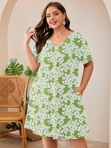 Image of AusLook Plus Size Midi Dress for Women Loose V Neck Short Sleeve Summer Casual A Line T Shirt Sundresses with Pockets 1X-5X