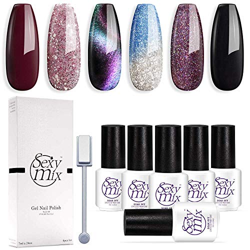 Sexy Mix Gel Nail Polish Soak Off UV LED Nail Lamp - 6 Colors Nail Collection Rainbow Glitter Gel Cat Eyes Color Changing Chameleon and Black Nail Polish