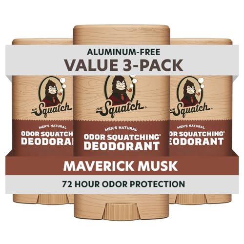 Dr. Squatch Natural Mens Deodorant Aluminum Free Natural Deodorant Men with Charcoal & Postbiotics for 72-Hour Odor Protection Maverick Musk 2.65oz Stick (3-Pack)