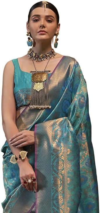 Womens Kanjivaram Silk Saree with Zari Woven Saree With Blouse Piece