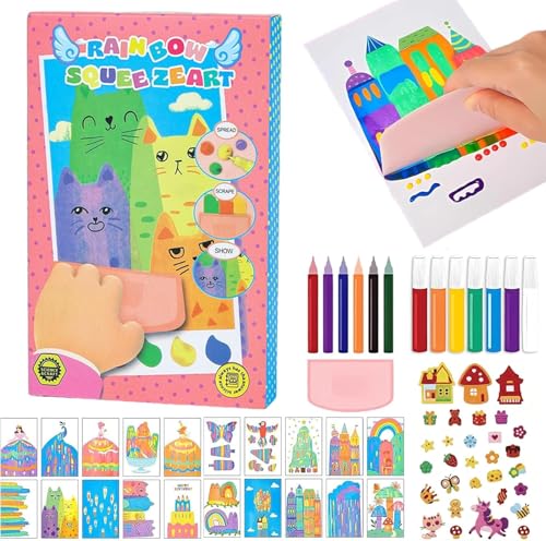 Upgrade Magic Rainbow Scratch Paper Art Set Creative Squeegee Painting Kit Rainbow Squeeze Art Kit DIY Postcards Scratch Art Gifts for Party Birthday Festival (Set B)