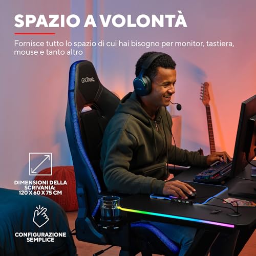 Trust Gaming GXT 709 Luminus Scrivania Gaming LED RGB, 10 Modalità Colore, Alimentazione USB, Tavolo Gaming 120 x 60 con Supporto per Cuffia e Portabicchiere, Ufficio, Gamer, Streaming - Nero - Immagine 2