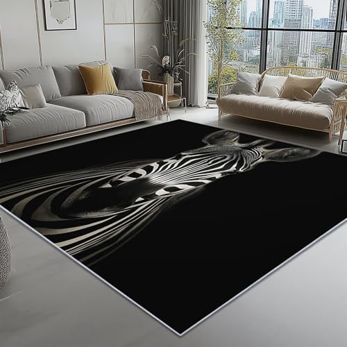Alfombra de área Negro, para la decoración del Pasillo Alfombras 120 x 180 cm Interiores Antideslizantes Alfombras Rayas Animal Cebra Pelo Corto Lavables Alfombras de Sala de Estar