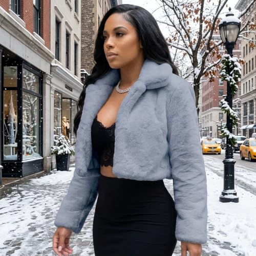 Image of RAMOUG Women Faux Fur Jacket Lapel Crop Fuzzy Coat Outerwear