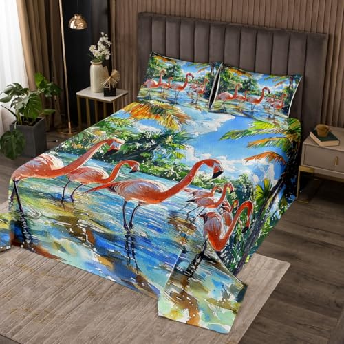 Manfei Flamingo Quilts Set for Kids Boys,Tropical Palm Leaves Plants 3Pcs Bedspread Coverlet Set,Abstract Summer Beach Bed Cover Set,Tie Dyed Art Bedspread Coverlet with 2 Pillowshams (Queen Size)