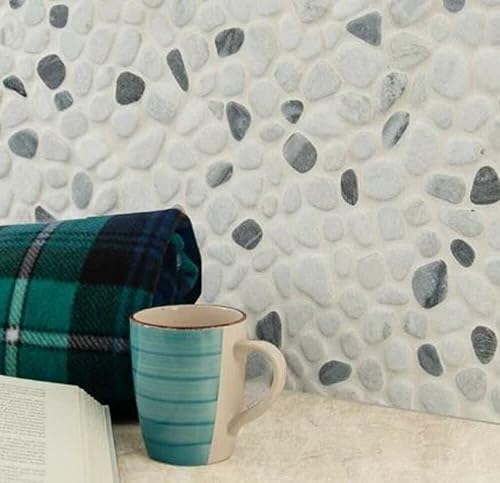 Miniatura 7 de Tenedos Azulejo de mosaico de piedra de mármol gris y Carrara Pebbles para suelo y pared de baño, ducha y pared al aire libre (1 hoja)