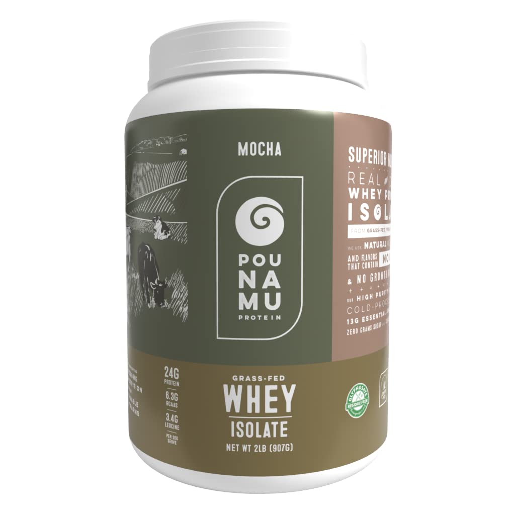 Pounamu Protein Mocha Whey Isolate Powder, 24g , 6.3g BCAAs, 3.4g Leucine | Grass-Fed, Free-Range, New Zealand Dairy | Gluten-Free, Keto, Kosher | 2LB, 30 Servings