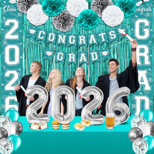 Image of Graduation Party Decorations Class of 2026, Graduation Decorations with Congrats Grad Banner Fringe Foil Curtain Paper Flower Ball Balloons for High School College Graduation Party Supplies, Teal