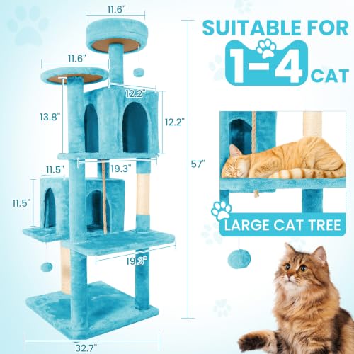 Image of 57inch Large Cat Tree Tower Condo for Indoor Cats, Soft Plush Multi-Level Climbing Tree Cat House with Cat Cave, Scratching Post, More Entrance /Exit, Sisal Rope, Light Blue