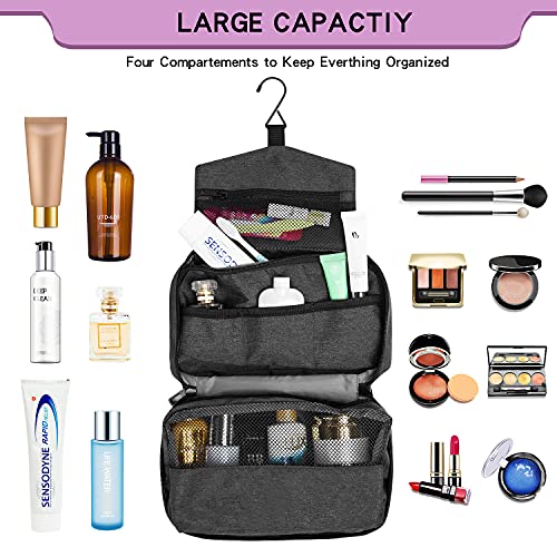 Hanging Travel Toiletry Bag for Men and Women, Waterproof Hygiene Bag with Swivel Hook, Zippers and Compartments for Wash Bag, Makeup, Organiser for Suitcase (Black)
