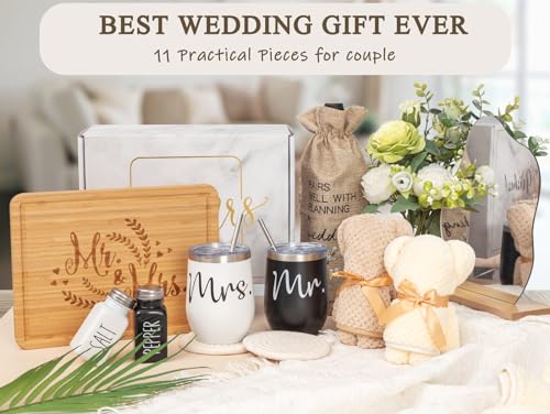 Wedding Gifts for Couple (11 Piece Set), Cool Engagement Baskets for Newlywed, Unique Mr and Mrs Box for Bride and Groom, Bridal Shower Gift for Bride To Be, His and Hers, Just Married - Image 3