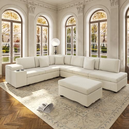 Image of KEIKI 110 inch L-Shaped Oversized Plush Corduroy Modular Sectional Sofa with Pull-Out Bed, Convertible 6-Seater Sleeper Couch Bed with 1 Ottomans & USB & Cup Holders, Easy Assembly, for Living Room, Beige