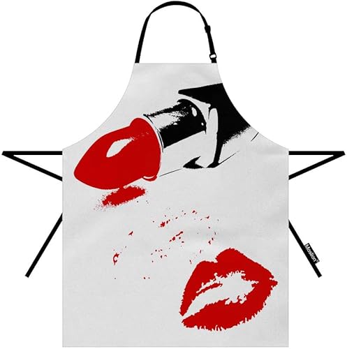 Moslion Delantal de labios de 31 x 27 pulgadas, lápiz labial rojo cosmético, sexy, mujer, labios besos, amor para el día de San Valentín, cocina,