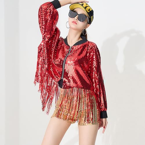 Women's Short Sequin Fringes Jacket Coat Long Sleeve Zipper Blazer Bomber Racing Jacket Club Party Rave Outfits3