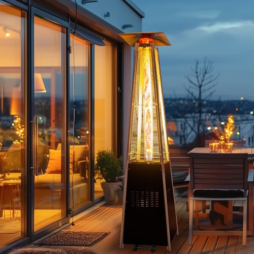 PATIOPIA 48 000 BTU Flame Pyramid Pool Heater With Cover Triple Safety Protection Portable Patio Heater with Patio Cover Warm Glass Tube with Durable Wheels-Black