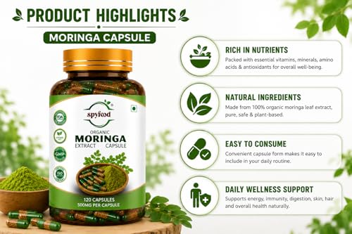 Image of SPYFOOD Organic India Moringa Extract Capsules - 120 Veg Caps, Essential Nutrition Superfood, Helps Naturally Boost Energy Level, Improves Stamina, Rich In Vitamins & Minerals, GMP & NPOP Certified Organic