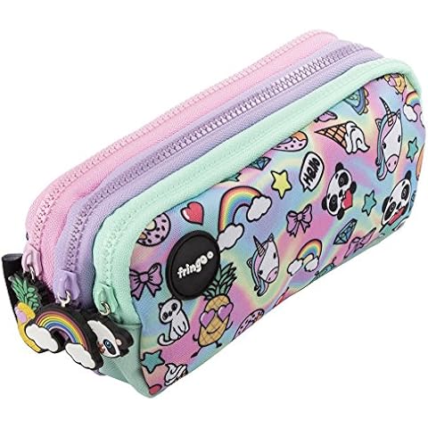 Fringoo® 3 Compartment Pencil Case for Kids School Stationery Holder Funny Cute (Holo Doodle - 3 Compartments) Cover