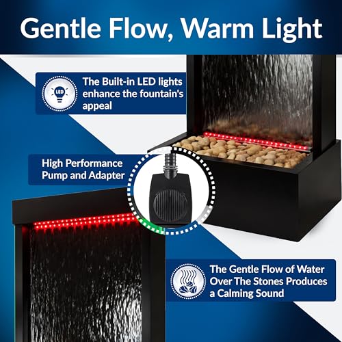Image of Alpine Corporation MLT174S‑MC Waterfall Fountain - Plug in Indoor Fountain with Black‑Framed Glass, Cascading Water, Floor Feature & Multi‑Color LED Lights, 48 inch