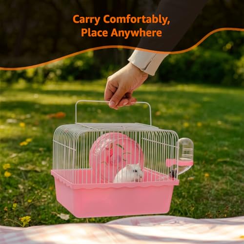 Image of Amazon Basics Hamster, Gerbil, Guinea Pig Cage and Playhouse | Pink | Spacious for Small Pets|Plastic | Double Story with Slide, Exercise Wheel and Feeding Bottle | LxWxH- 23x 17x 25 Cm
