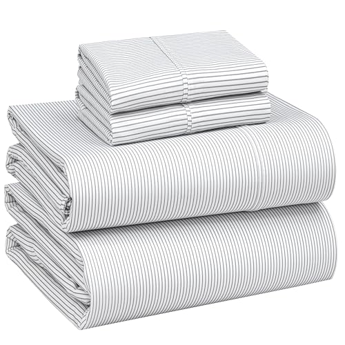 Image of RUVANTI 100% Cotton Percale Sheets Queen Size, Grey Pinn Stripe | Crisp Cooling for Hot Sleepers, Deep Pocket 16 inch, Soft Breathable & Durable, Hotel-Style 4 Piece Set