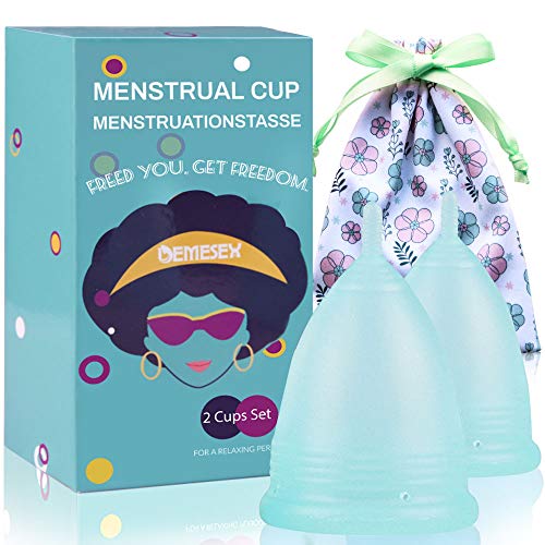 Menstrual Cup (1Large+1Small Cup+1Storage Bag) Period Cup for Heavy&Light Flow Soft and Reusable Moon Cup, Blue, Silicone Materials Tampons and Pads Alternative