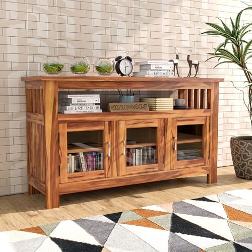 Image of Sheesham Wood Kitchen Cabinet with Glass Door | Kitchen Display Cabinet Storage,Crockery Rack | Dining Room Furniture (Natural Teak Finish)