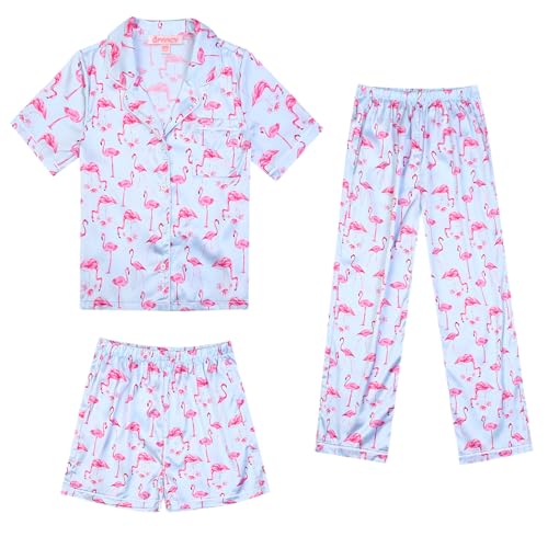 QPANCY Kids Satin Pajamas Sets Boys and Girls Silk Button Down 3 Pieces Pjs Silky Loungewear Clothes Set