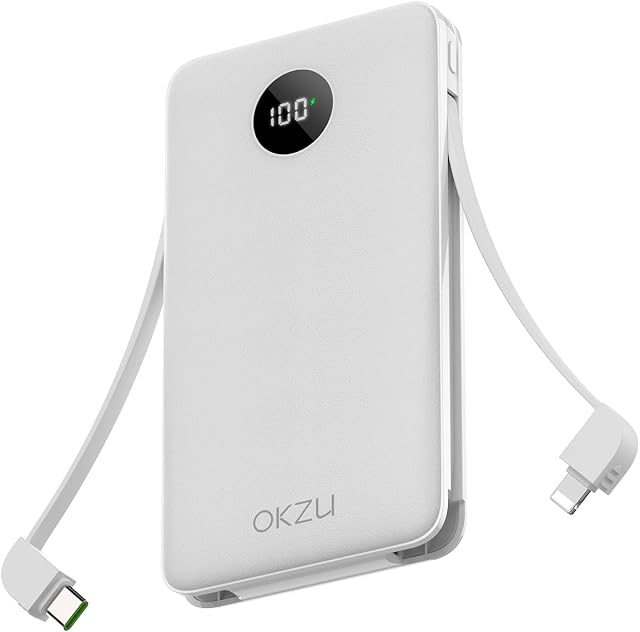 OKZU Power Bank with Built-in Cables, 10000mah 22.5W PD 3.0 QC 4.0 USB C Fast Charging Power Bank, Type C Battery Pack Compatible with iPhone 14 13 12 11 Samsung Galaxy Google Pixel and More (White)