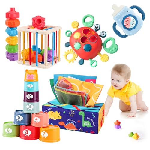 Image of YOOYID 5 in 1 Baby Toys 6 to 12 to 18 Months, Montessori Toy for Babies 6-12 Months, Gifts for 1 Year Old, Sensory Toys for Babies, Baby Tissue Box, Stacking Cups, Shape Sorter Cube