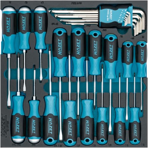 HAZET Juego de destornilladores 163-297/26N, 26 piezas, 1,5-10 mm, PH1-PH2, T10-T30, ranurado, Phillips, hexagonal interior y Torx interior, incluye juego de destornilladores angulares