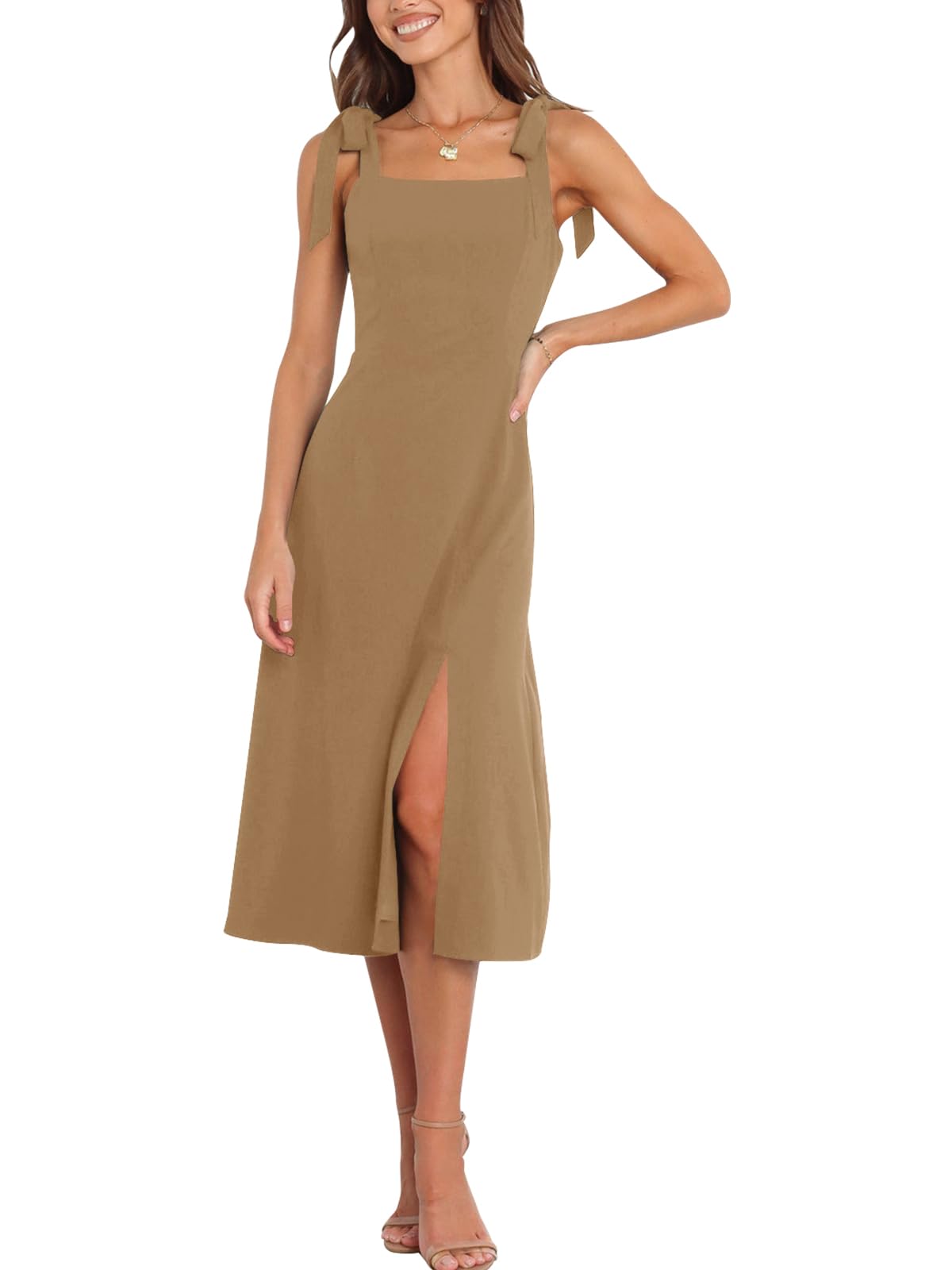 Tankaneo Womens Elegant Square Neck Bridesmaid Dresses Split Mid Formal Dress Cocktail Party Dress for Wedding Guest