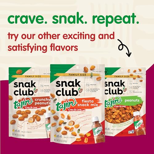 Snak Club Toasted Corn, Tajin Clasico Chili & Lime Flavored, Crunchy, Flavorful Low-Cholesterol Snacks in Resealable Bag, 11 Ounce (Pack of 6)