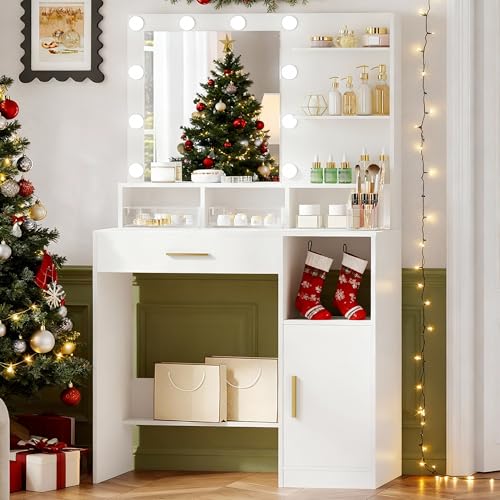 Hzuaneri Tocador con Espejo y 10 Luces LED, tocador de Maquillaje con 3 estantes y 4 Compartimentos Abiertos, tocador con cajón Grande y Armario, 3 Luces Ajustables, Blanco VT08103X