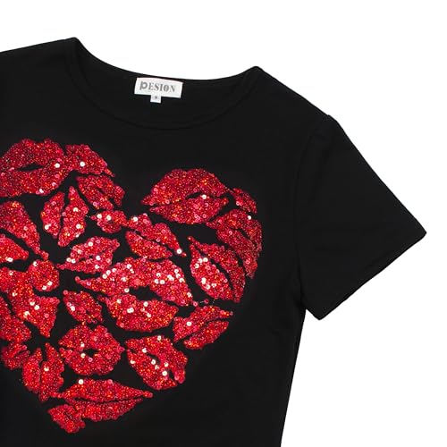 Image of PESION Womens Short Sleeve T-Shirt Sequined Tops O-Neck Funny Graphic Tees Blouse