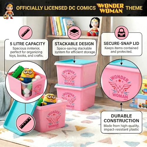 Image of Nayasa Stack N Store Wonder Women, Small, 5 ltrs | DC Superhero Print Plastic Storage Boxes Set of 3 with Lid | Side Handles | Stackable Multipurpose Organizers | Strong & Durable | Pink