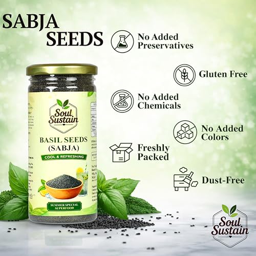 Image of SoulSustain Basil Seeds Sabja Seeds 250 Gram for Drinks Falooda Detox Fiber Rich Tukmaria Seeds for Digestion Cooling Summer Drink Ingredient Natural Sweet Basil Seeds for Soaking Beverages.