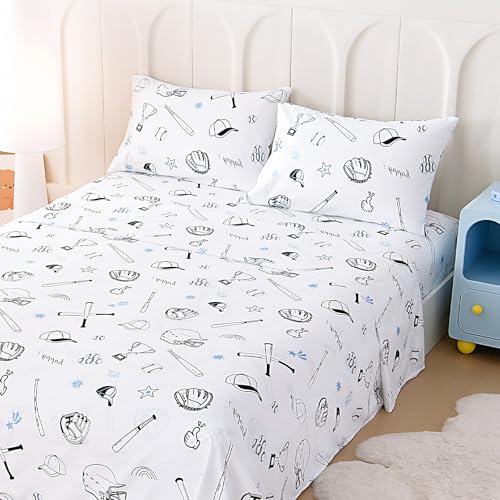 Swiftify Full Size Sheet Set for Kids Boys & Girls 4-Piece Bed Sheet Set for Teens Boys Girls Cartoon Printed Bedding Set Microfiber Deep Pocket Wrinkle & Fade Resistant Baseball