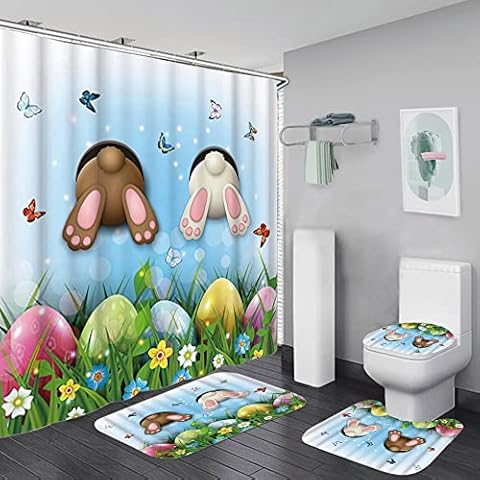 Happy Easter Shower Curtain, 4Pcs Spring Easter Rabbit Egg Decor Shower Curtain Sets Gnome Buffalo Plaid Truck Bathroom Accessory Sets Waterproof Fabric Shower Curtain for Bathroom Cover