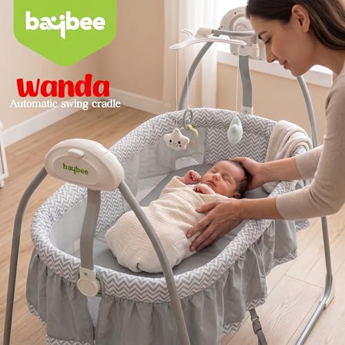 Image of BAYBEE Wanda Electric Swing Cradle for Babies | Automatic Cradle for New Born Baby with 6 Speed Control, Mosquito Net, Toy Bar & Music | Jhula for Kids | Baby jhula for 0 to 2 Years (Grey)