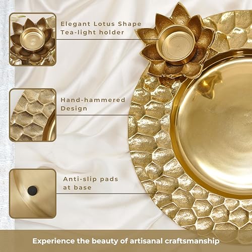 Image of BEHOMA Golden Lotus Tray with Tea-Light Holder, 30cm | Golden lotus tray with tea-light holder & honeycomb design, 30cm; ideal wedding & mehndi thali gift.