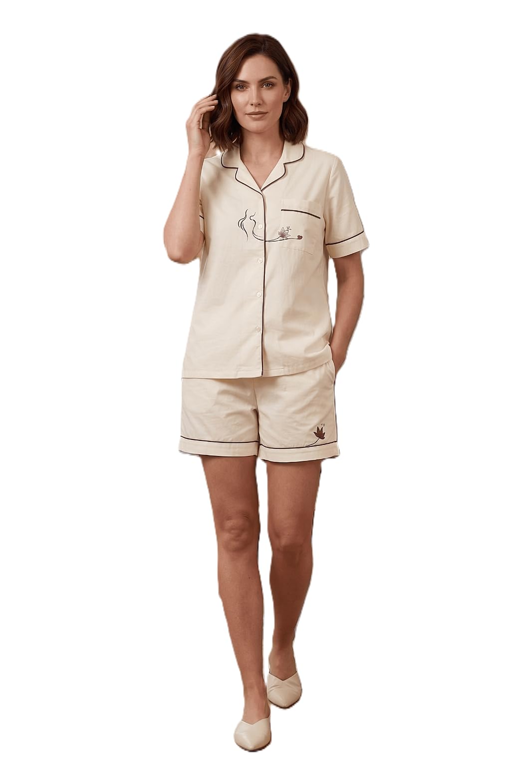 Love Ivory Hand-Painted Cotton Satin Shirt & Shorts Co-ord Set for Women | Premium Loungewear, Night Suit, Sleepwear, Vacation Wear, Comfortable Home Lounge Set | M-image-18